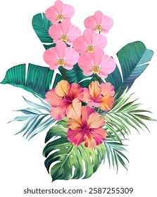 Bouquet of tropical flowers. Hibiscus, orchid, paradise flowers. exotic, tropical