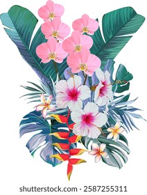 Bouquet of tropical flowers. Hibiscus, orchid, paradise flowers. exotic, tropical