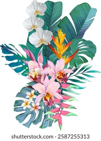 Bouquet of tropical flowers. Hibiscus, orchid, paradise flowers. exotic, tropical