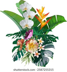 Bouquet of tropical flowers. Hibiscus, orchid, paradise flowers. exotic, tropical