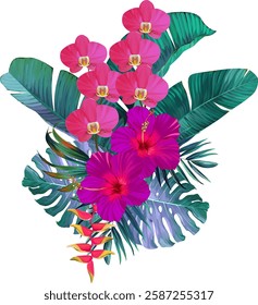 Bouquet of tropical flowers. Hibiscus, orchid, paradise flowers. exotic, tropical