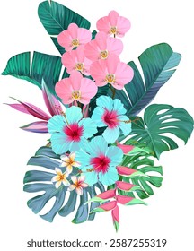 Bouquet of tropical flowers. Hibiscus, orchid, paradise flowers. exotic, tropical