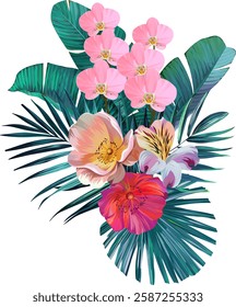 Bouquet of tropical flowers. Hibiscus, orchid, paradise flowers. exotic, tropical