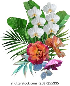 Bouquet of tropical flowers. Hibiscus, orchid, paradise flowers. exotic, tropical