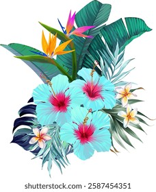 Bouquet of tropical flowers. Hibiscus, orchid, paradise flowers. exotic, tropical
