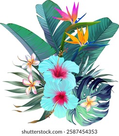 Bouquet of tropical flowers. Hibiscus, orchid, paradise flowers. exotic, tropical
