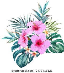 Bouquet of tropical flowers. Hibiscus. Paradise flowers. exotic, tropical