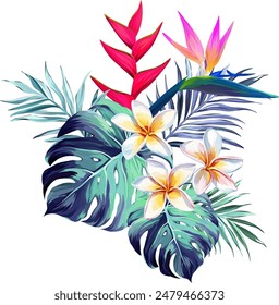 Bouquet of tropical flowers. Hibiscus, paradise flowers. exotic, tropical