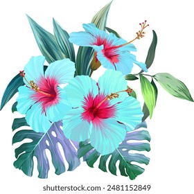 Bouquet of tropical flowers. Hibiscus, paradise flowers. exotic, tropical
