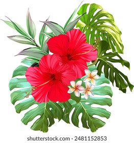 Bouquet of tropical flowers. Hibiscus, paradise flowers. exotic, tropical