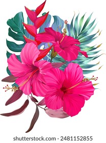 Bouquet of tropical flowers. Hibiscus, paradise flowers. exotic, tropical