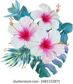 Bouquet of tropical flowers. Hibiscus, paradise flowers. exotic, tropical