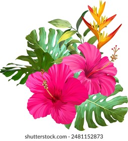 Bouquet of tropical flowers. Hibiscus, paradise flowers. exotic, tropical