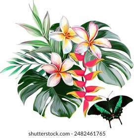 Bouquet of tropical flowers. Hibiscus, paradise flowers. exotic, tropical