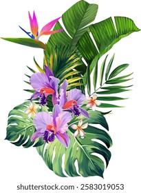 Bouquet of tropical flowers. Hibiscus, paradise flowers. exotic, tropical