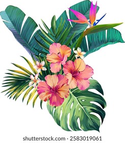 Bouquet of tropical flowers. Hibiscus, paradise flowers. exotic, tropical