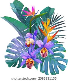 Bouquet of tropical flowers. Hibiscus, paradise flowers. exotic, tropical