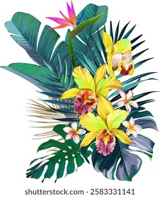 Bouquet of tropical flowers. Hibiscus, paradise flowers. exotic, tropical