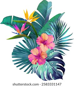 Bouquet of tropical flowers. Hibiscus, paradise flowers. exotic, tropical