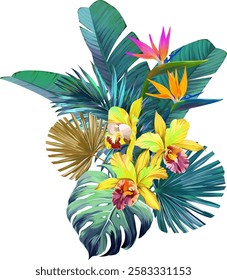 Bouquet of tropical flowers. Hibiscus, paradise flowers. exotic, tropical