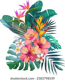 Bouquet of tropical flowers. Hibiscus, paradise flowers. exotic, tropical