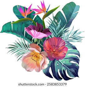 Bouquet of tropical flowers. Hibiscus, paradise flowers. exotic, tropical