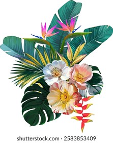 Bouquet of tropical flowers. Hibiscus, paradise flowers. exotic, tropical