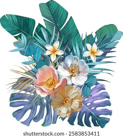 Bouquet of tropical flowers. Hibiscus, paradise flowers. exotic, tropical