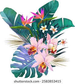 Bouquet of tropical flowers. Hibiscus, paradise flowers. exotic, tropical