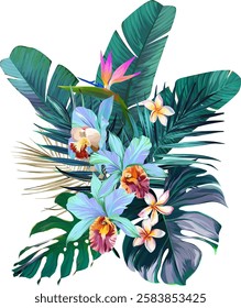 Bouquet of tropical flowers. Hibiscus, paradise flowers. exotic, tropical