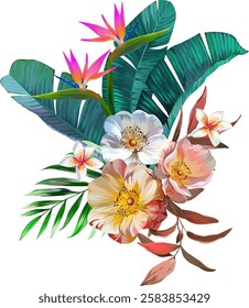 Bouquet of tropical flowers. Hibiscus, paradise flowers. exotic, tropical