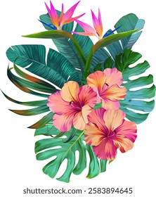 Bouquet of tropical flowers. Hibiscus, paradise flowers. exotic, tropical