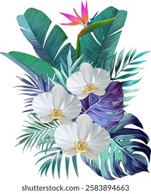 Bouquet of tropical flowers. Hibiscus, paradise flowers. exotic, tropical