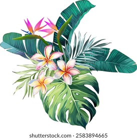 Bouquet of tropical flowers. Hibiscus, paradise flowers. exotic, tropical