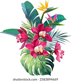 Bouquet of tropical flowers. Hibiscus, paradise flowers. exotic, tropical