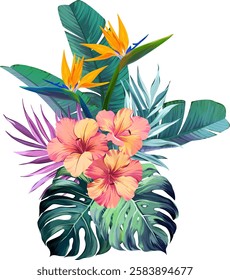 Bouquet of tropical flowers. Hibiscus, paradise flowers. exotic, tropical