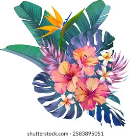 Bouquet of tropical flowers. Hibiscus, paradise flowers. exotic, tropical