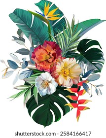 Bouquet of tropical flowers. Hibiscus, paradise flowers. exotic, tropical