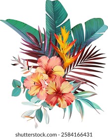 Bouquet of tropical flowers. Hibiscus, paradise flowers. exotic, tropical