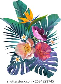 Bouquet of tropical flowers. Hibiscus, paradise flowers. exotic, tropical