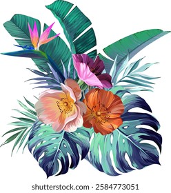 Bouquet of tropical flowers. Hibiscus, paradise flowers. exotic, tropical