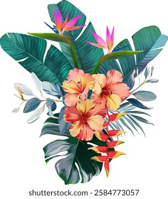 Bouquet of tropical flowers. Hibiscus, paradise flowers. exotic, tropical