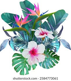 Bouquet of tropical flowers. Hibiscus, paradise flowers. exotic, tropical