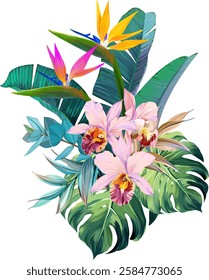 Bouquet of tropical flowers. Hibiscus, paradise flowers. exotic, tropical