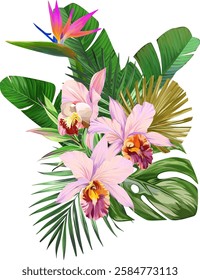 Bouquet of tropical flowers. Hibiscus, paradise flowers. exotic, tropical