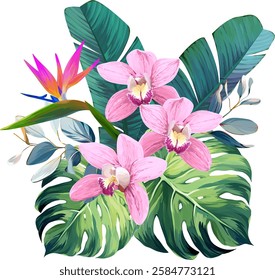 Bouquet of tropical flowers. Hibiscus, paradise flowers. exotic, tropical