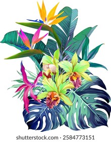 Bouquet of tropical flowers. Hibiscus, paradise flowers. exotic, tropical