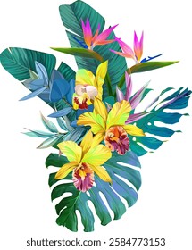 Bouquet of tropical flowers. Hibiscus, paradise flowers. exotic, tropical