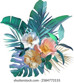 Bouquet of tropical flowers. Hibiscus, paradise flowers. exotic, tropical