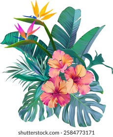 Bouquet of tropical flowers. Hibiscus, paradise flowers. exotic, tropical